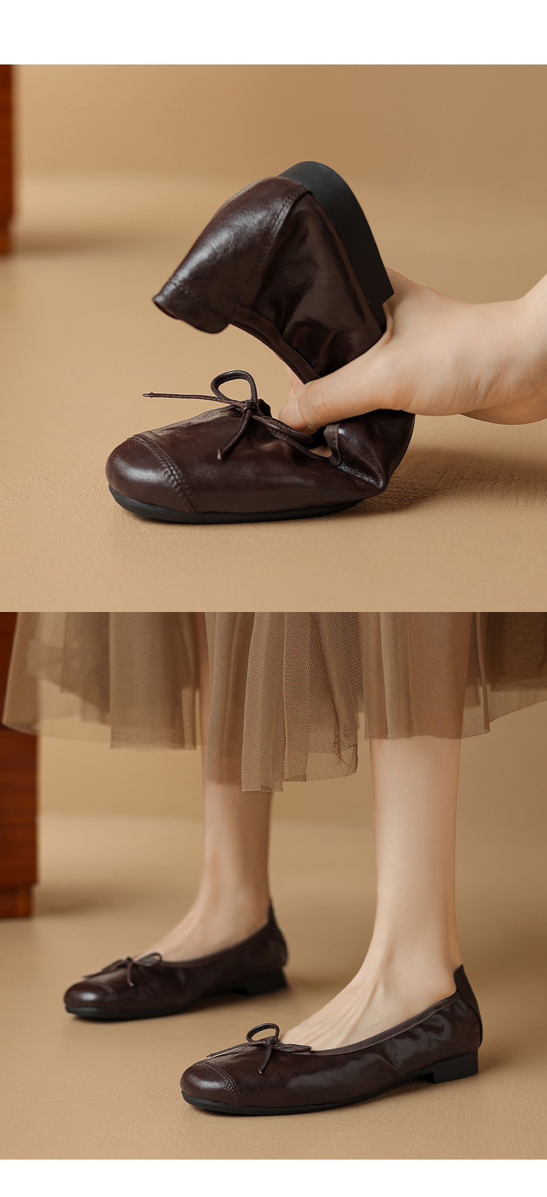 Giày ballet nữ mũi tròn đế bệt da cừu mềm nơ bướm — Màu nâu chi tiết 15