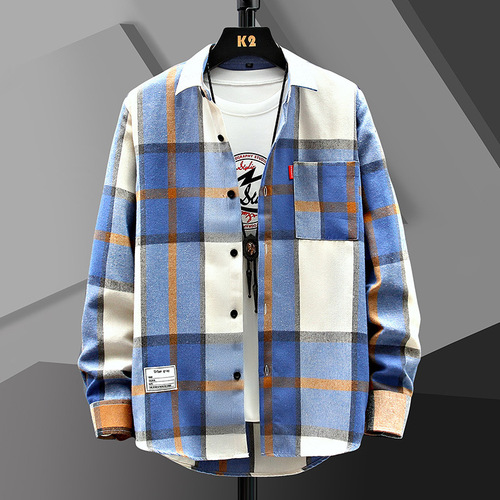 Red Grid Shirt Men's Long Sleeve Loose Casual Collar Shirt Korean Style Trendy Cool Workwear Short Sleeve Outerwear Spring