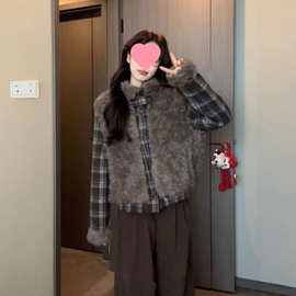 韩系少女宽松磨毛格纹拼接毛绒夹棉外套女冬季加厚保暖