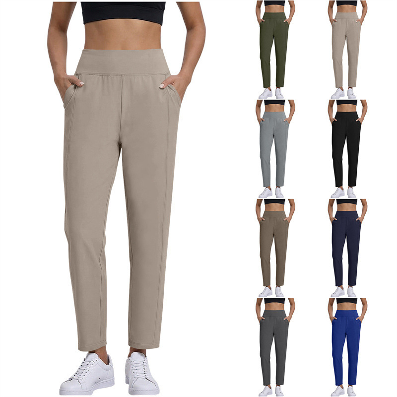 European and American Cross-Border Foreign Trade Women's Pants, Simple Casual Golf Sports Solid Color Pocket Elastic Cropped Pants for Women