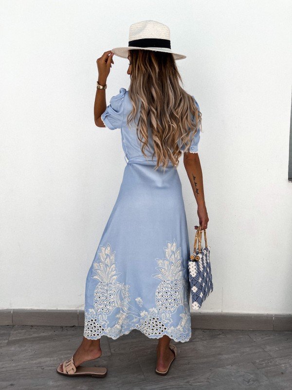 Holiday, Beach Occasion Wholesale Women's Vacation Hollow Out Solid Color Pineapple Holiday Beach Standing Collar Half Sleeve Swing Dress Shirt Dress