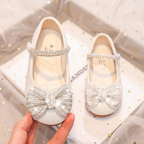 Princess Soft Sole Shoes for Girls 2024 Spring and Autumn New Children's Crystal Shoes Soft Sole with Bow and Water Diamond Baby Leather Shoes