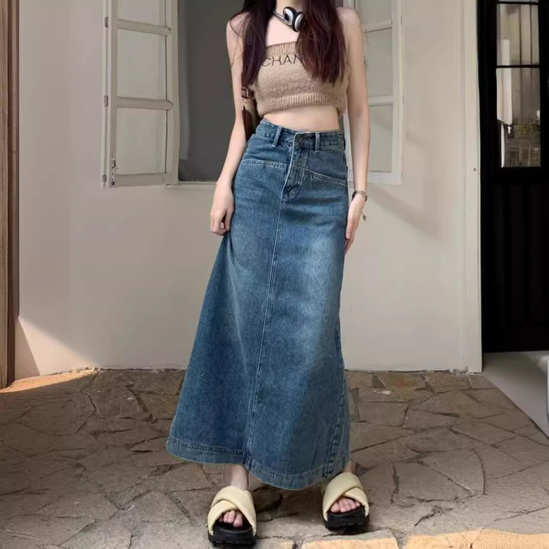 Vintage High Waist Denim Skirt Women's Summer Design Sense Rear Split A- Line Skirt Straight Midi Skirt