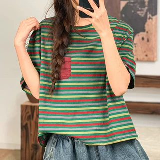 夏季2025年新款炒色条纹短袖T恤女休闲宽松半袖体恤衫百搭女上衣
