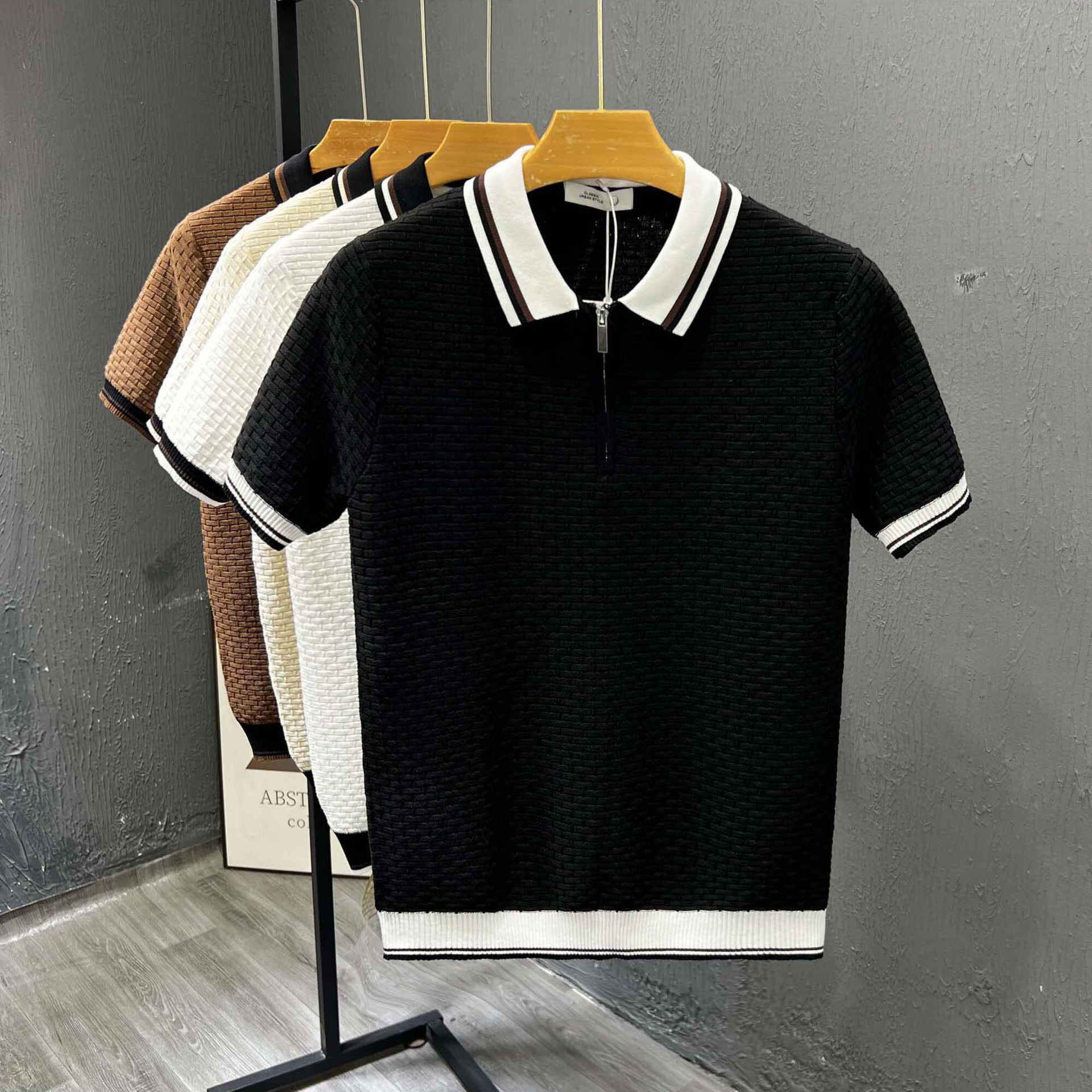 Polo camiseta de punto camiseta de manga corta hombre medio cremallera color retro camiseta casuales de verano fábrica transfronteriza al por mayor