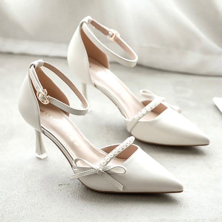 White High-Heeled Shoes, Summer 2024 Model, Comfortable and Versatile, Single-Strap Niche Design, French-Style Pointed Toe, Thin Heel, Bridesmaid Shoes for Women White High-Heeled Shoes, Summer 2024 Model, Comfortable and Versatile, Single-Strap Niche Design, French-Style Pointed Toe, Thin Heel, Bridesmaid Shoes for Women