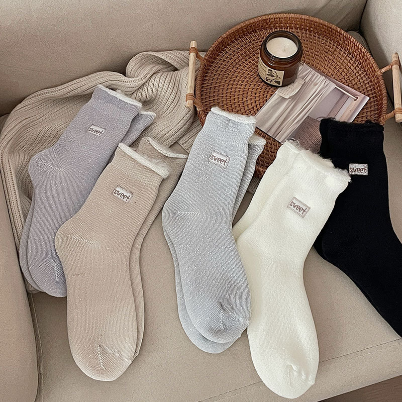 Kışın sıcak çoraplar işlemeli çoraplar artı kadife kalın taban çorapları düz renk fırçalanmış çoraplar kışlık kalınlaştırılmış kadın çorapları_voghion.com