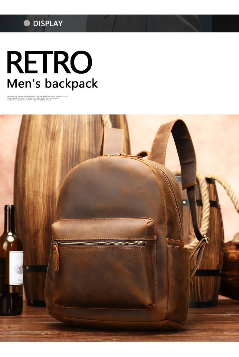 Crazy Horse Leather Men's Backpack Large Capacity Business Travel Bag Stylish Retro Cowhide Handbag_voghion.com