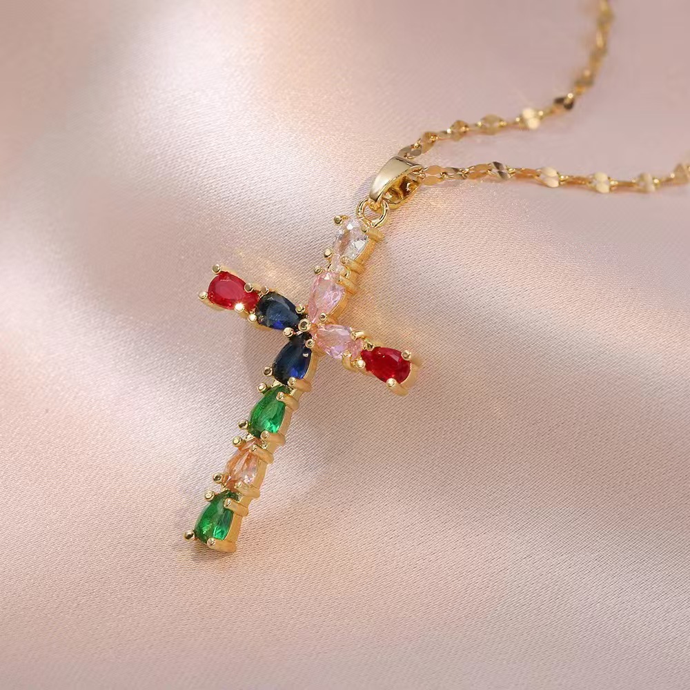 Wholesale Jewelry Shiny Cross Titanium Steel Zircon Inlay Pendant Necklace Cable Chain display picture 20