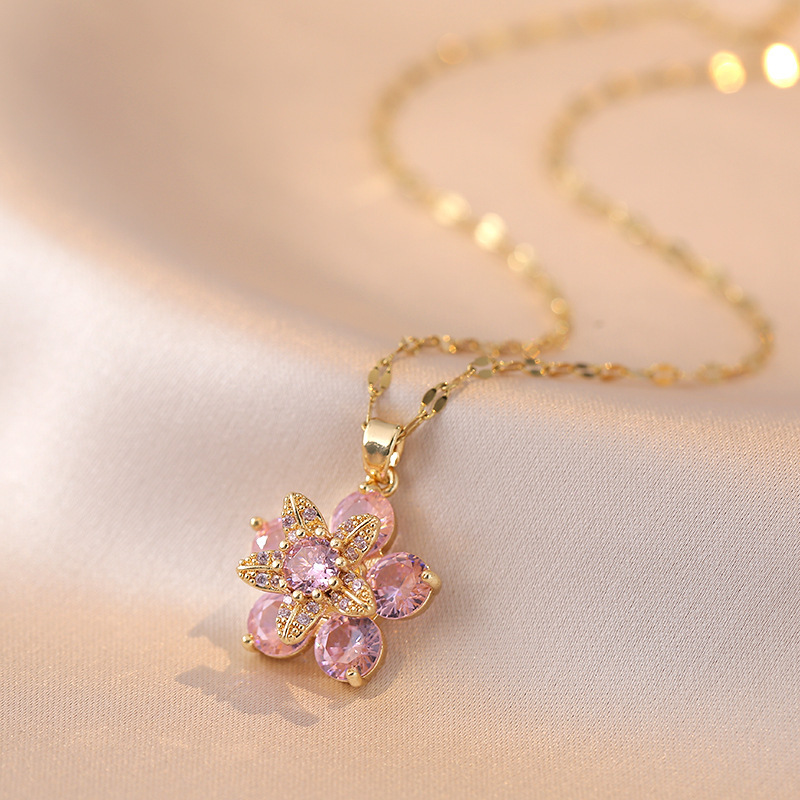 Titanium Steel Chain Material 1 Piece Quantity Holiday, Daily Occasion Titanium Steel, Copper Material Wholesale Jewelry Elegant Flower Titanium Steel Copper Diamond Pendant Necklace