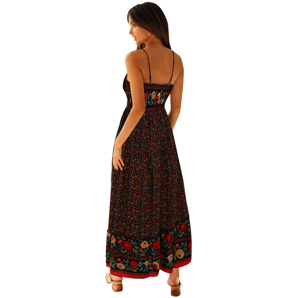 bohemian v-neck low-cut rayon sling floral long dress NSMAN53326