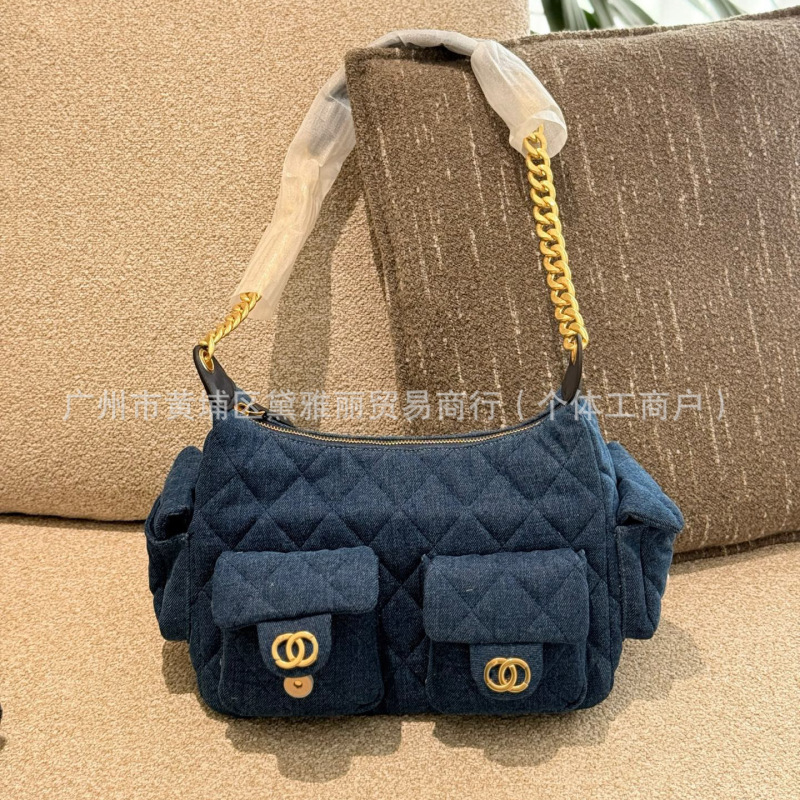 2025新款牛仔复古嬉皮士包包菱格多口袋链条腋下包单肩斜挎包包|undefined
