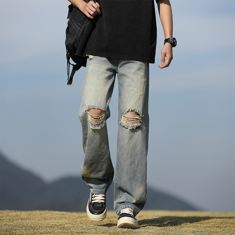 Summer New Japanese Style Retro Old Casual Wide Leg All-match Trendy Ripped Straight Tube Dipped Jeans for Men Summer New Japanese Style Retro Old Casual Wide Leg All-match Trendy Ripped Straight Tube Dipped Jeans for Men