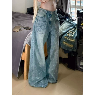 美式复古烫钻刺绣设计感阔腿牛仔裤女夏季宽松显瘦辣妹直筒拖地裤