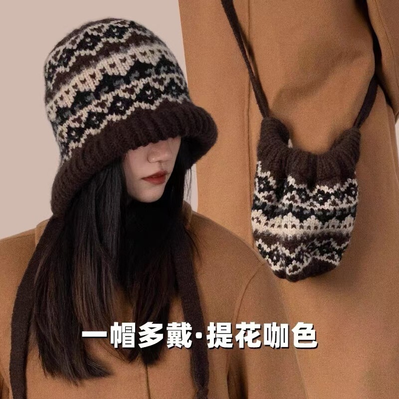 バッグの帽子の大きい頭の周りの毛糸の帽子の女性の秋冬のかわいい包頭の帽子のバンドのバラックのフランスの帽子のぬいぐるみのニットの帽子|undefined