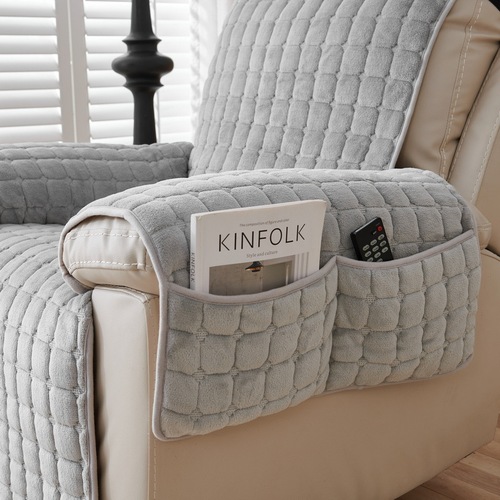 冬季法兰绒方块连体沙发垫 简约现代纯色毛绒格子沙发套跨境代发