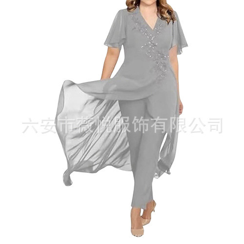 2026 Foreign Trade Chiffon Mother's Wear Plus Size Slim Fit V-Neck Formal Suit Elegant Evening Dress European and American Style