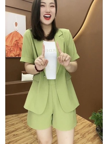 Plus-size women's casual shorts and suit set for summer—timeless, trendy, and stylish two-piece outfit designed to flatter curves.