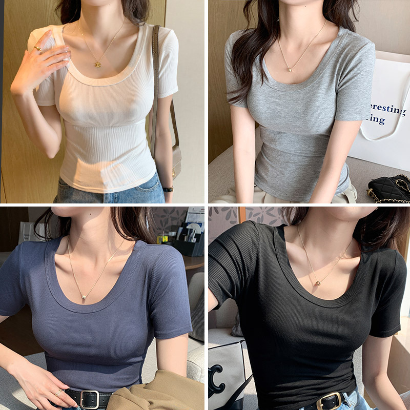 H521 반팔 티셔츠 여성 봄·여름 심플 단색 겉옷 백합 슬림핏 편안하고 통풍