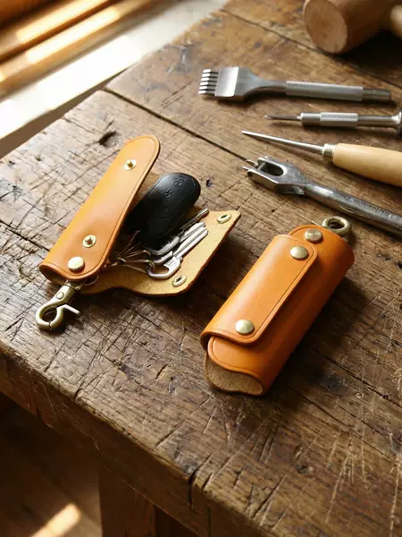 Vintage Genuine Leather Large Capacity Buckle Car Key Bag Men's Waist Hanging Head Layer Vegetable Tanned Cowhide Multifunctional Key Bag