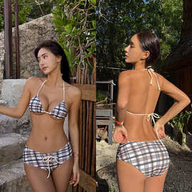 2025珍妮明星同款花边复古格子比基尼挂脖系带低腰抽绳温泉泳衣女