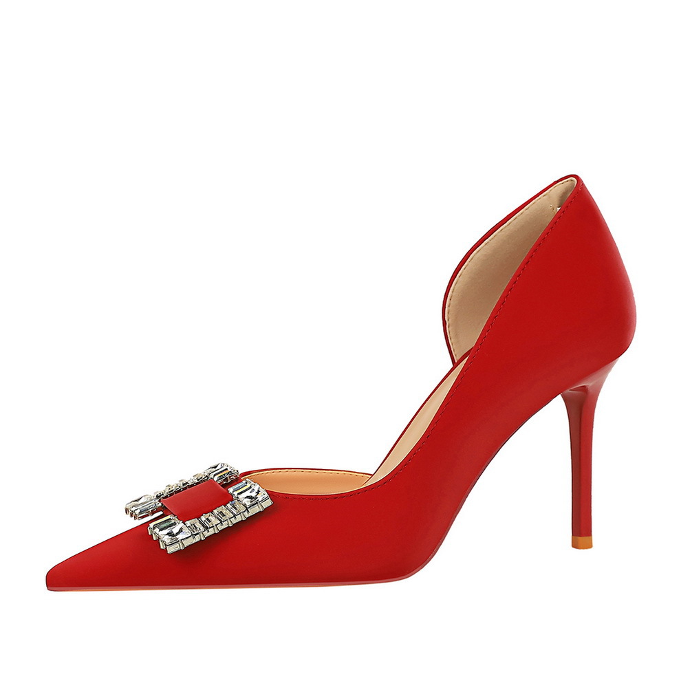 3226-AK75 style banquet women's shoes with slim heels, high heels, shallow mouth, pointed toe, side hollowed out rhinestone buckle, single shoe, wedding shoes