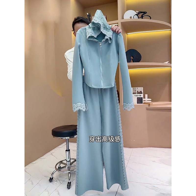 European Casual Sports Suit for Women Spring & Fall 2025 New Fashionable Hooded Lace Splicing Sweatshirt Two-Piece Set