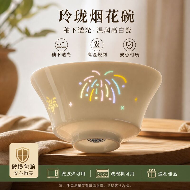 Jingdezhen household ceramic bowl, colorful exquisite horseshoe firework bowl, high-temperature heat-resistant underglaze color, gift rice bowl