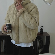 韩国男装代购直播羊羔毛内里波浪绗线减龄可收腰连帽棉服夹克外套