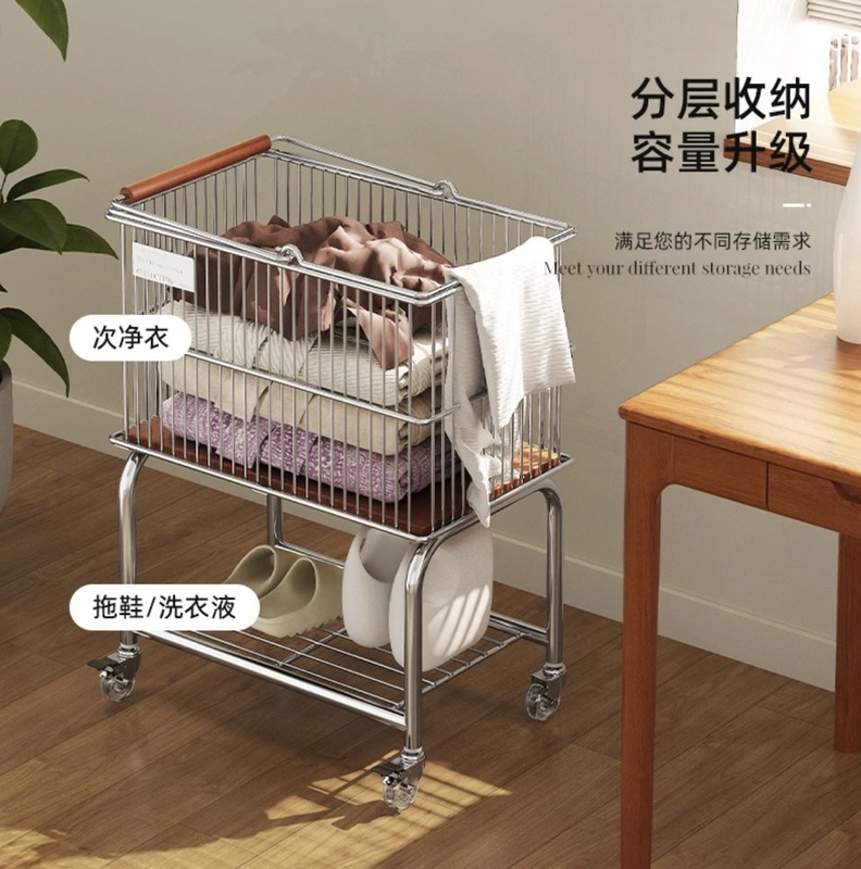 中古风收纳小推车置物架家用脏衣篮卫生间浴室衣服收纳筐洗衣篮子|undefined