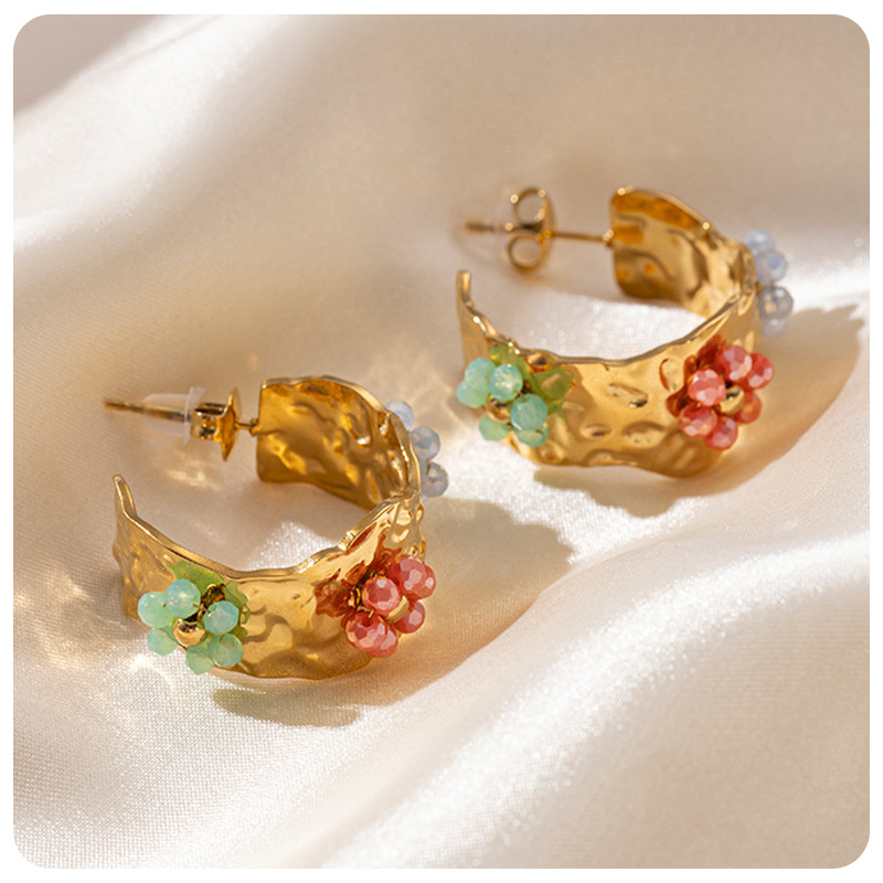 Tina Cross-border versátil textura de acero inoxidable color zircon perlas cuentas de flores pendientes de oro 18 quilates
