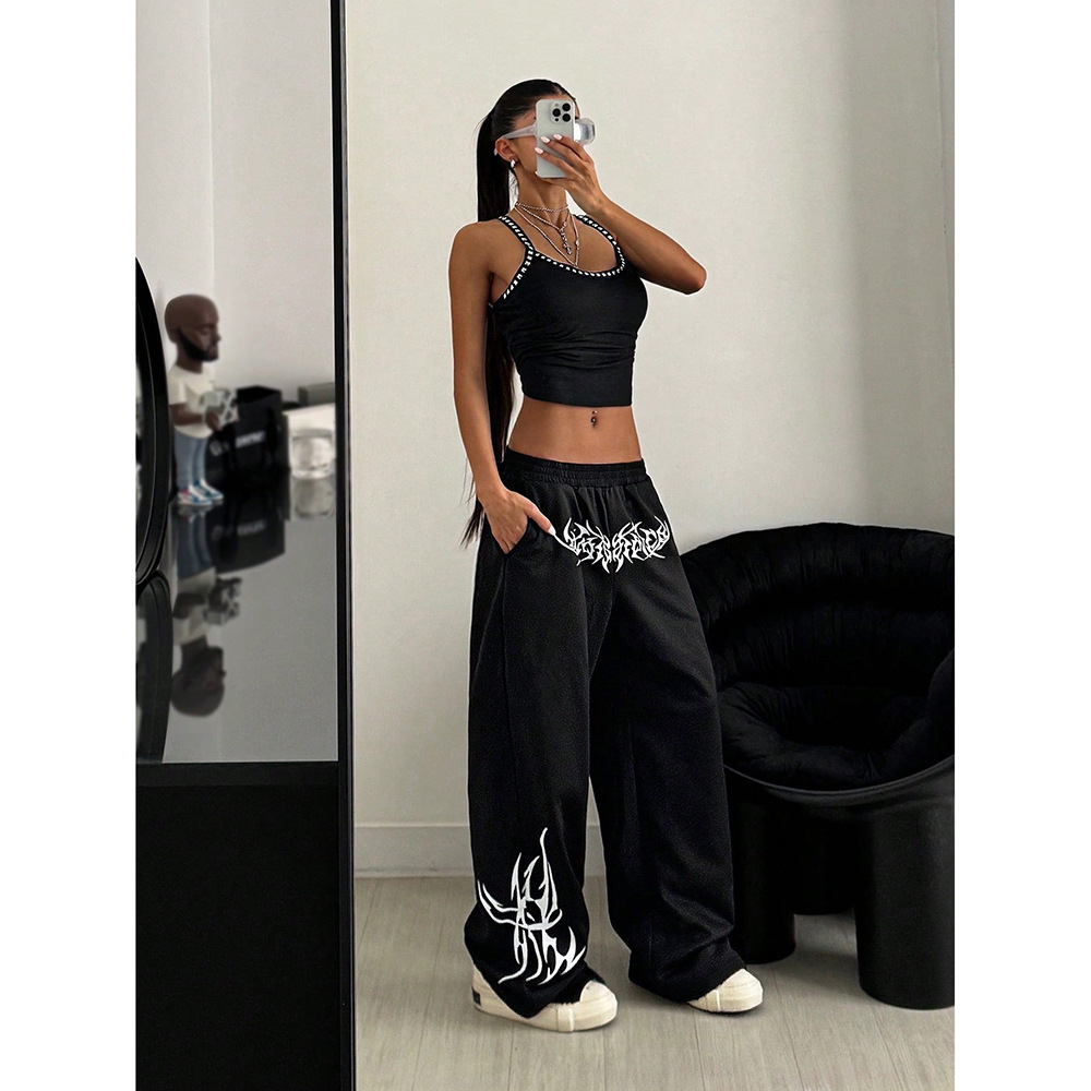 复古潮牌抽绳运动休闲裤女跨境外贸嘻哈宽松百搭街舞爵士舞长裤子