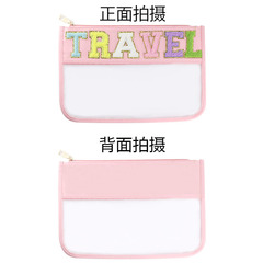 PVC Transparent Makeup Pouch with Towel-Embroidered "P" Letter, Chenille Letter Patched Snack Organizer, Travel Makeup Bag