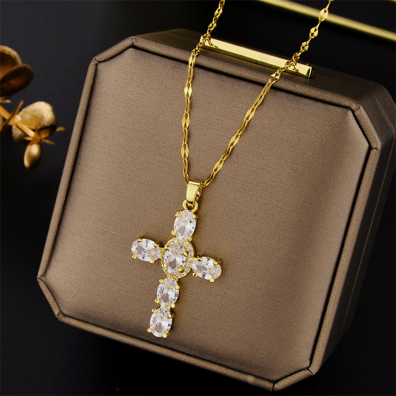 Cross Pendant Necklace With Multicolour Zircon And Copper Chain_voghion.com