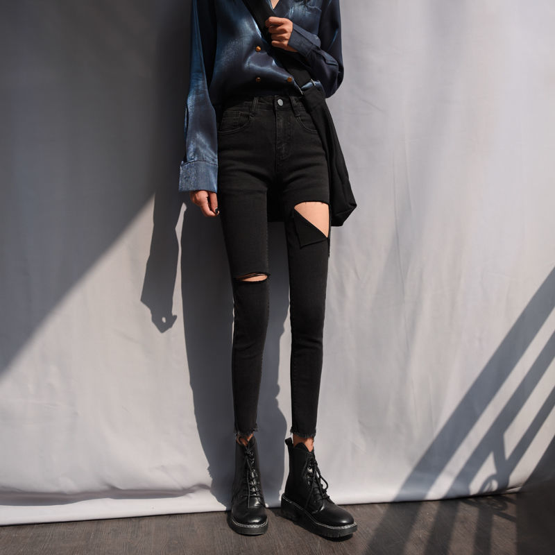 Black High Waist Ripped Jeans Women's Spring and Summer 2024 New Stretch Tight Slim Cropped Pencil Pants