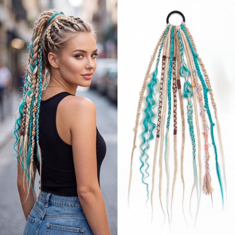 Cross-border best-selling bohemian braided wigs, post-apocalyptic style, European and American synthetic fiber braided wigs, boxing wigs, ponytail wigs, wholesale Cross-border best-selling bohemian braided wigs, post-apocalyptic style, European and American synthetic fiber braided wigs, boxing wigs, ponytail wigs, wholesale