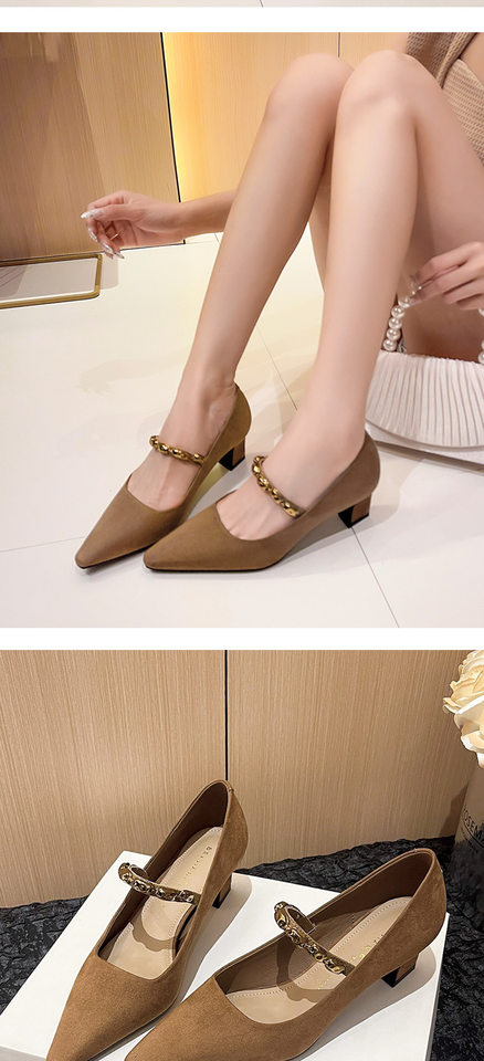 Giày cao gót nữ mũi vuông nhỏ quai ngang thanh lịch, gót vuông vừa 3–6 cm, chất liệu cashmere — Màu nâu, Màu đỏ rượu, màu đen chi tiết 7