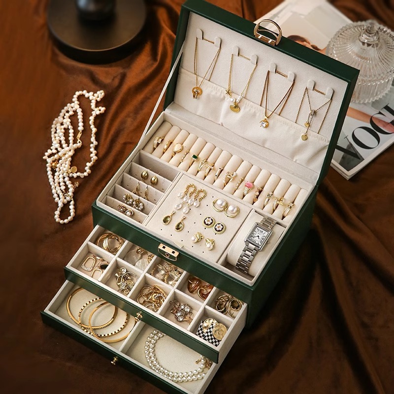 Leather Double-Layer Jewelry Box, Portable Jewelry Box, Necklace, Ring, Watch Organizer, Large-Capacity Storage Box