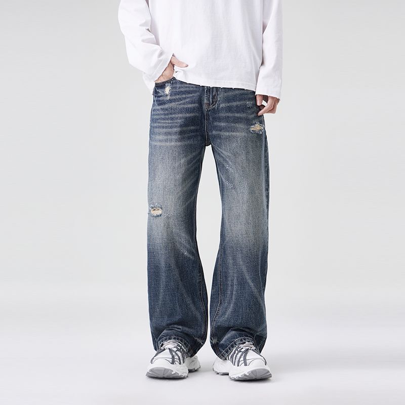 Cross-Border Heavyweight Washed Distressed Design Jeans for Men, Loose Fit, Slimming Casual Straight-Leg Pants, Loose Style Cross-Border Heavyweight Washed Distressed Design Jeans for Men, Loose Fit, Slimming Casual Straight-Leg Pants, Loose Style