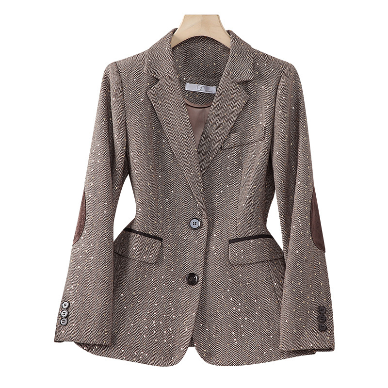 Women's Clothing Sequined spring and autumn jacket suit for women houndstooth, ladies' small suit top, women's trendy contrast color_voghion.com