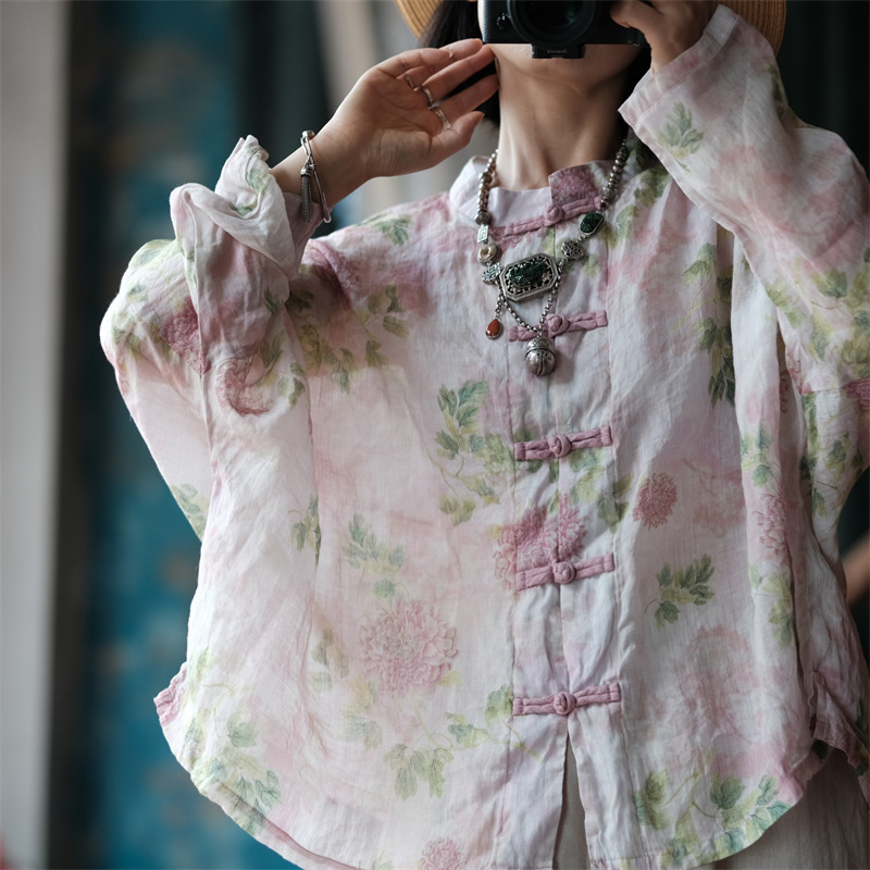 Original Design by Xiaonu Girl: Women's Vintage Loose-Fitting Ramie Shirt, Artistic Style, 1972