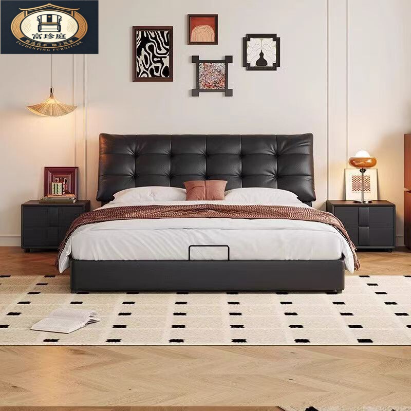 New Italian-style light luxury large black bear high-end master bedroom black upholstered internet-famous ins-style double storage bed New Italian-style light luxury large black bear high-end master bedroom black upholstered internet-famous ins-style double storage bed