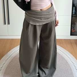 美式复古弯刀休闲裤女秋季设计感屁帘阔腿裤宽松直筒垂感拖地长裤