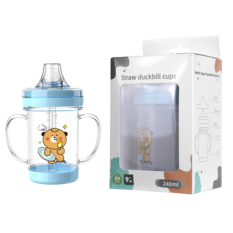 Taza de agua anti-goteo para bebé en caja inglesa con pico de pato con tapa y mango