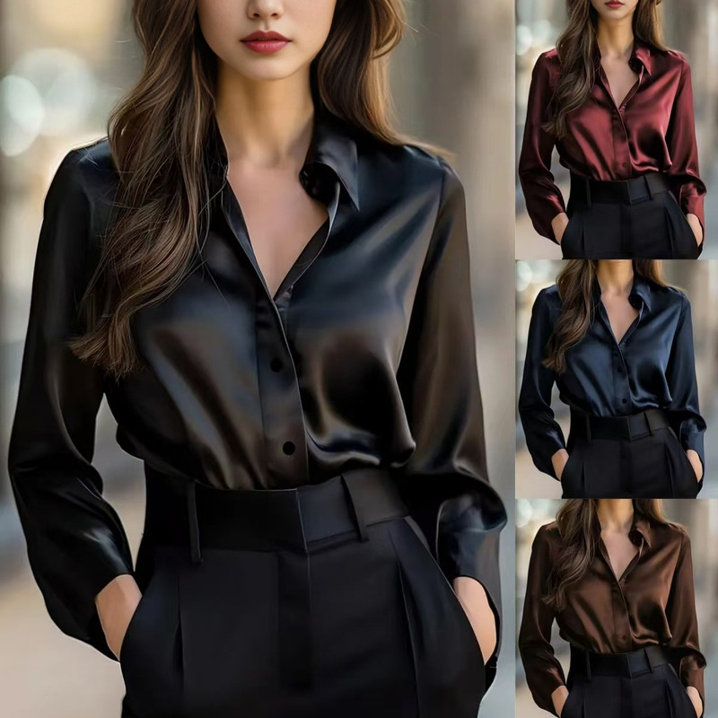Cross-Border 2026 Autum Fashion New Satin Long-Sleeved Shirt Feminine Commuter Pure Color Lapel Single-Breasted Top