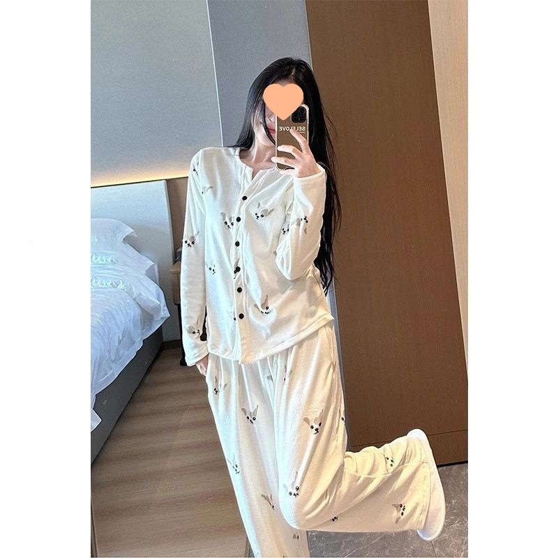 可爱卡通法斗狗德绒睡衣女款秋冬季薄绒保暖甜美学生家居服两件套|undefined