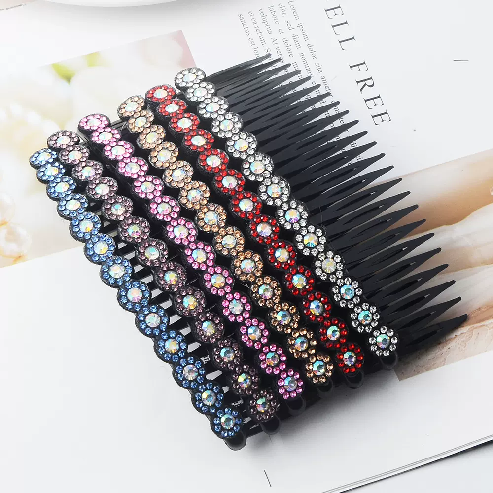 太阳花塑料水钻发梳发卡女闪亮多齿盘发插梳简约时尚刘海梳发夹