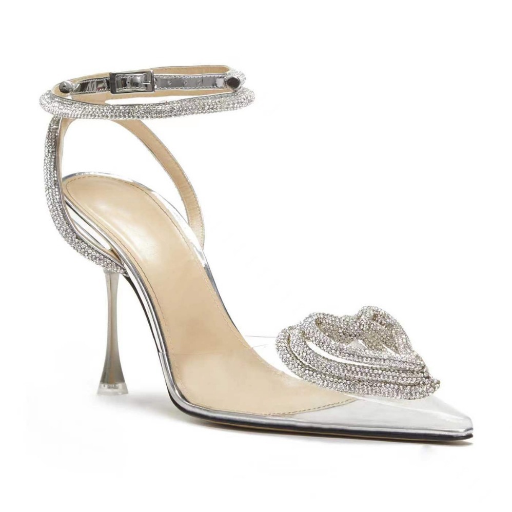 pvc爱心水钻高跟鞋2023秋新款一字绑带细跟欧美尖头罗马凉鞋女