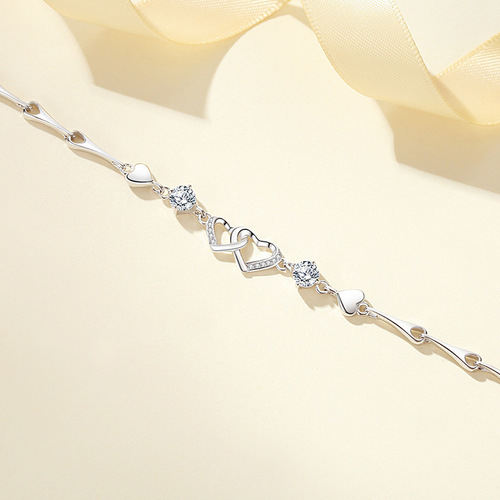 Shengli Jewelry S999 sterling silver heart-to-heart bracelet, simple and sweet hand jewelry, romantic silver jewelry, wholesale