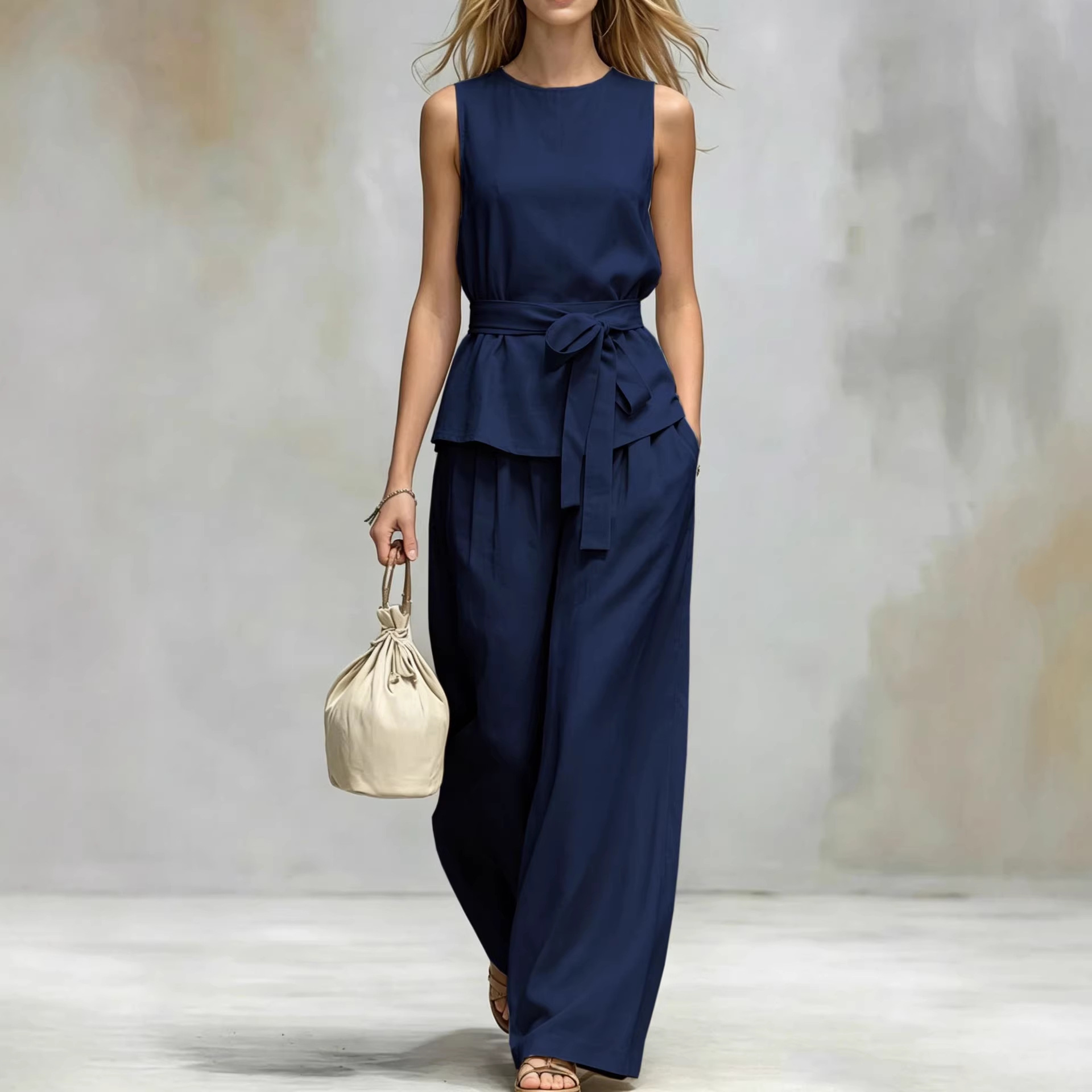 Women's Clothing Women's Spring Summer Two Piece Set Sleeveless Top And Belted Pants Casual Solid Color Style_ecoleips.com